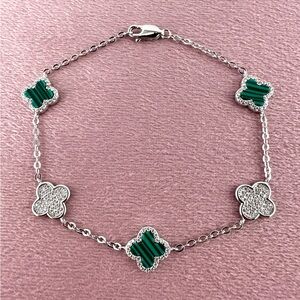 925 Solid Sterling Silver Luxury Green Malachite Clover Bracelet